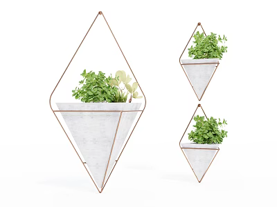 Geometric Hanging Planters With Green Plants Metal Frame And White Pot 3d model