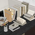 Open and Stacked Books Magazines on Black Desk with Pen Holder Pencils Near Window