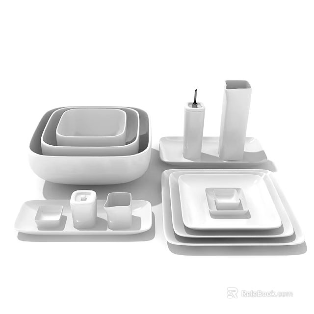 Modern Minimalist White Ceramic Tableware Set With Stackable Bowls Plates And Trays 3d model