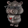 Grey Hippo Doll Wearing Glasses Holding White Cup With Red Heart On Black Background