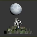 Cartoon Scene Featuring Big Moon Panda On Stone Platform With Green Grass And Plants