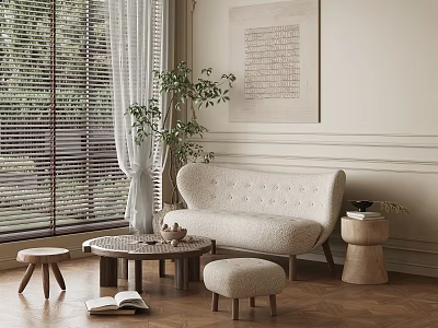Serene Living Room Interior With Beige Curved Sofa Wall Art Plant Blinds And Wooden Flooring 3d model