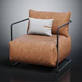 Brown Upholstered Armchair With Black Metal Frame And Light Gray Cushion
