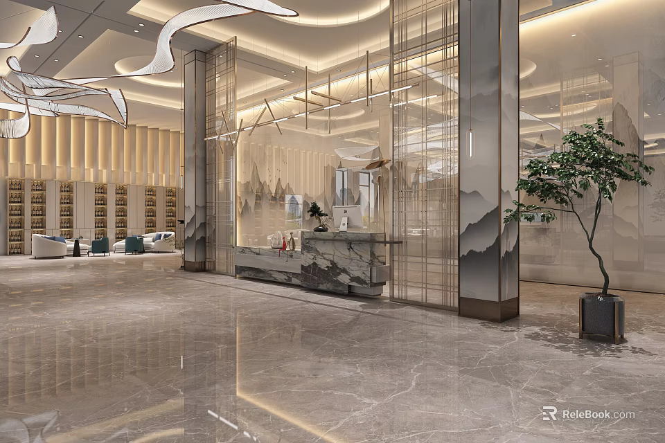Elegant Modern Hotel Lobby Interior With Marble Floor Columns Front Desk Green Plant And Lighting 3d model 