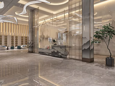 Elegant Modern Hotel Lobby Interior With Marble Floor Columns Front Desk Green Plant And Lighting 3d model