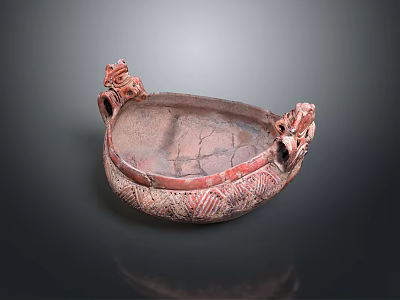 Traditional Red Ceramic Basin With Carved Dragon Handles And Intricate Patterns 3d model