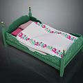 Single Bed with Green Frame Yellow Accents Pink Pillows and Floral Embroidered Quilt