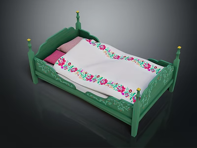 Single Bed with Green Frame Yellow Accents Pink Pillows and Floral Embroidered Quilt 3d model