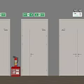 Building Safety Setup With White Doors Red Fire Extinguisher And Green Exit Signs