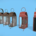 Multiple Vintage Candle Lanterns in Different Colors with Metal Designs on Blue Background