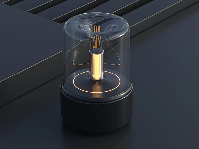 Modern Table Lamp With Transparent Glass Shade Illuminated Bulb Golden Ring Detail And Black Base 3d model