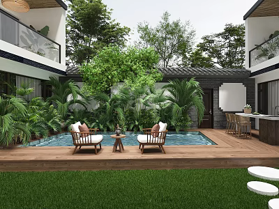 Modern Courtyard Landscape Design With Private Swimming Pool Cozy Outdoor Seats And Lush Tropical Greenery 3d model