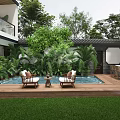 Modern Courtyard Landscape Design With Private Swimming Pool Cozy Outdoor Seats And Lush Tropical Greenery