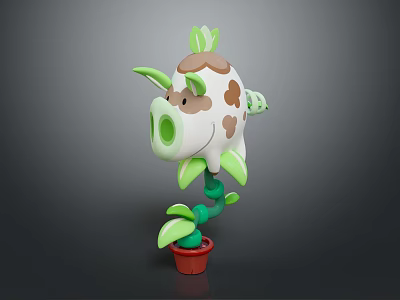 Pig Shaped Plant Creature With Green Leaf Ears And Brown Spots In Red Pot 3d model