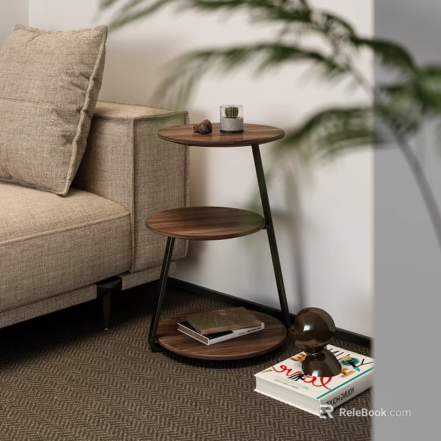 Modern Two Tiered Wooden Side Table With Metal Legs Next To Sofa In Living Room 3d model 