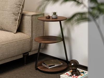 Modern Two Tiered Wooden Side Table With Metal Legs Next To Sofa In Living Room 3d model