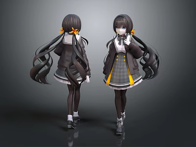 Anime Style Female Character Design With Twin Tails And Uniform Outfit Details 3d model