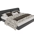 Modern Double Bed with Black Upholstered Headboard and Patterned Bedspread Pillows 3d model