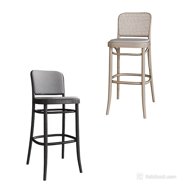 Modern Bar Stools With Black Leather And Light Woven Backrest Design 3d model 