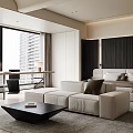 Modern Minimalist Bedroom With Large Bed Gray Rug Black Coffee Table And Wooden Accent Wall