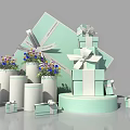 Check in Photo Spot With Light Green Gift Boxes Bow Ribbons And Flower Vases On Pedestals