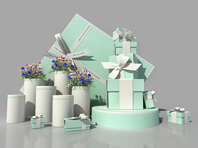 Check in Photo Spot With Light Green Gift Boxes Bow Ribbons And Flower Vases On Pedestals 3d model