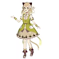 Game Anime Character With Cat Ears Blonde Curly Hair And Green Yellow Dress