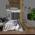 Loft Style Hotel Room Interior With Wooden Staircase Large Plant And Tree Stump Nightstand