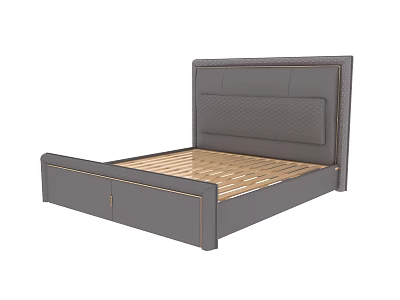 Modern Double Bed With Gray Frame Textured Headboard Gold Accents And Underbed Drawers 3d model