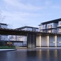 Modern Entrance Gate Architectural Design With Water Surface Surrounding Buildings And Evening Lighting