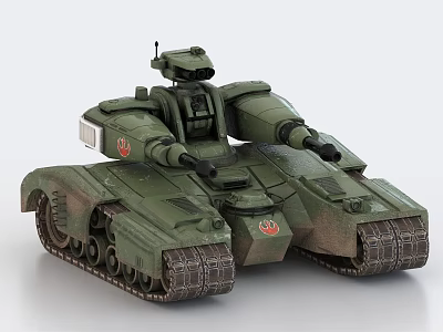 Green Military Tank With Dual Cannons Tracked Wheels Antenna Red Emblems And Muddy Surface 3d model
