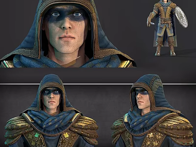 Hooded Game Movie Character In Blue Outfit With Gold Accents And Shield Multiple Angles View 3d model