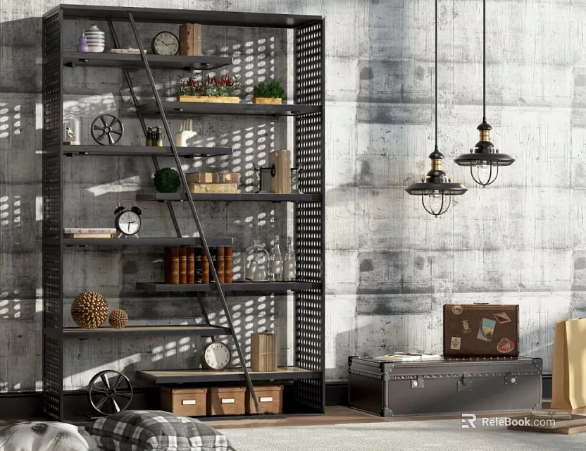 Black Metal Industrial Shelving Unit with Books Clocks Decorative Items and Storage Boxes 3d model 