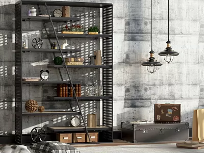 Black Metal Industrial Shelving Unit with Books Clocks Decorative Items and Storage Boxes 3d model