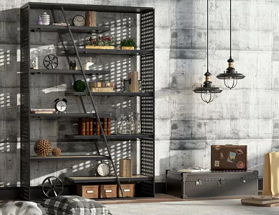 Black Metal Industrial Shelving Unit with Books Clocks Decorative Items and Storage Boxes 3d model