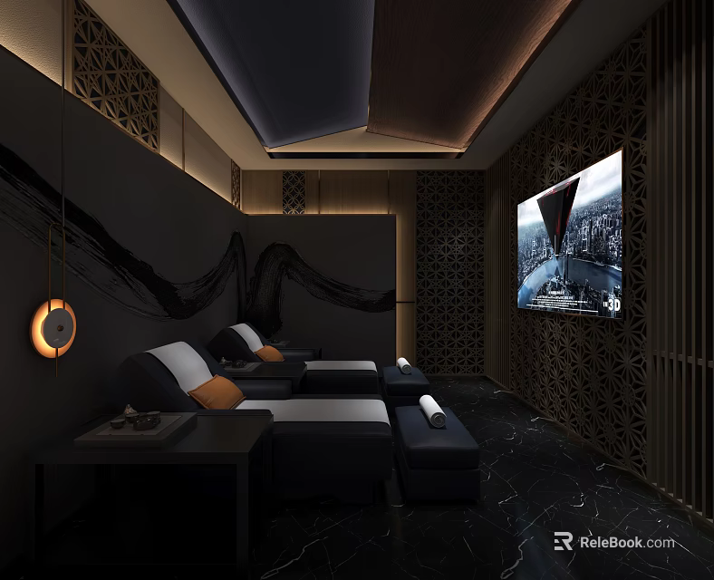 Modern SPA Sauna Interior With Luxurious Black Loungers Decorative Grilles Large Screen TV And Lighting 3d model 