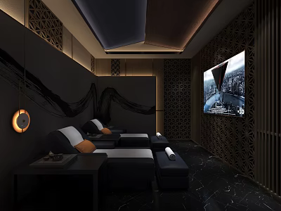 Modern SPA Sauna Interior With Luxurious Black Loungers Decorative Grilles Large Screen TV And Lighting 3d model
