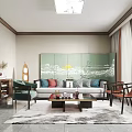 Modern Living Room Interior With Orange Armchairs Green Sofa Coffee Table TV And Rug
