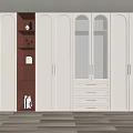 Modern White Wardrobe with Dark Accent Open Shelves Glass Doors Drawers and Brass Handles
