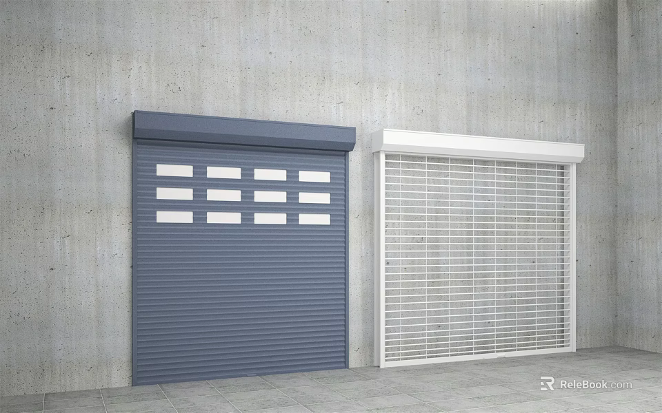 Blue And White Roller Shutters Mounted Against Concrete Wall Exterior 3d model 