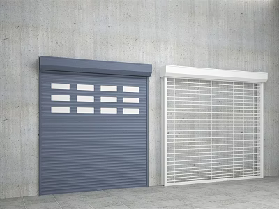 Blue And White Roller Shutters Mounted Against Concrete Wall Exterior 3d model