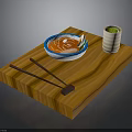 Wooden Tray With Red Soup Bowl Shrimp Chopsticks And Green Vegetable Cup
