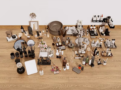 Various Dishwashing Daily Use Products With Cleaning Tools On Wooden Floor 3d model