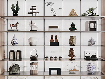 Traditional Chinese Decorative Ornament Set With Ceramic Vases Wooden Sculptures And Plant Decor On Shelves 3d model