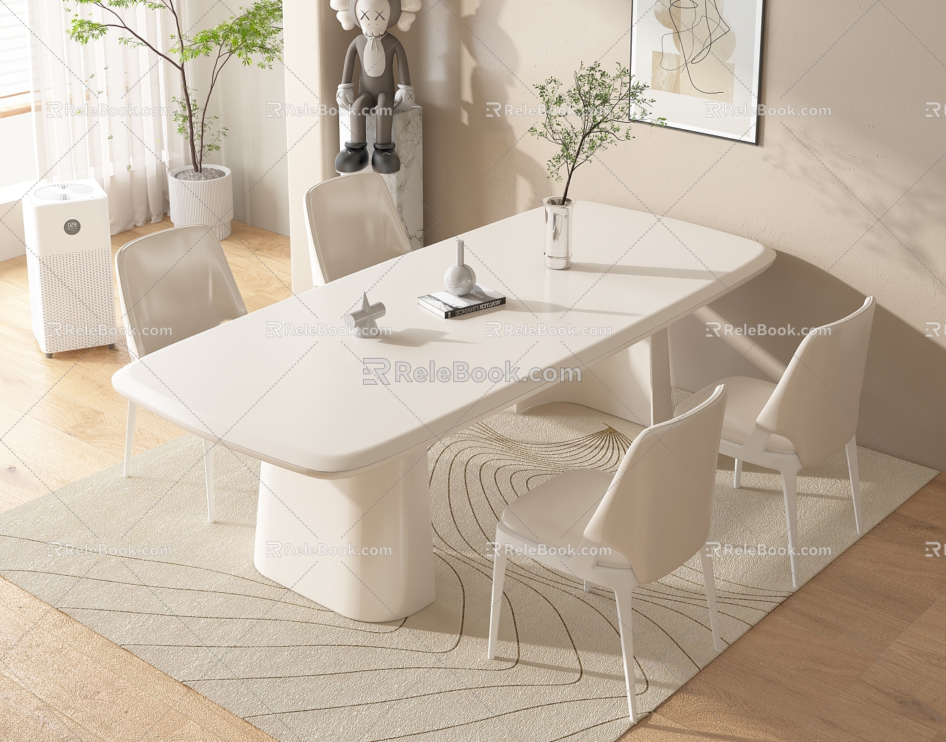 Modern Cream Style Dining Table and Chair Backrest Dining Chair Four-Person Vase Ornaments 3d model