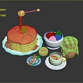 Fluffy Pancake Stack with Cherry Honey Drizzle Fresh Strawberries Jam Jar Milk Cup and Utensils