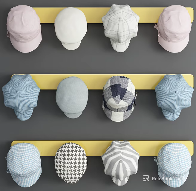 Colorful Pink White Blue Plaid Houndstooth Striped Hats Displayed on Yellow Racks 3d model 