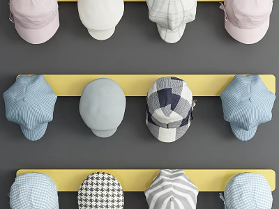 Colorful Pink White Blue Plaid Houndstooth Striped Hats Displayed on Yellow Racks 3d model