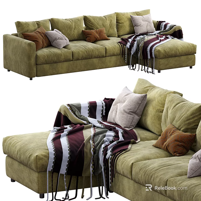 Olive Green Sectional Sofa With Multiple Plush Pillows And Striped Throw Blanket 3d model