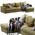 Olive Green Sectional Sofa With Multiple Plush Pillows And Striped Throw Blanket 3d model